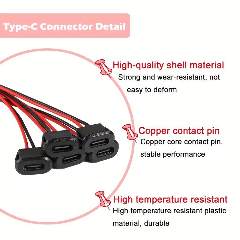Type-C Female Chassis 2P Solder Wire Type USB-C Tail Fiber Cable Extension Power Line USB-C Plug to 2-Pin Bare