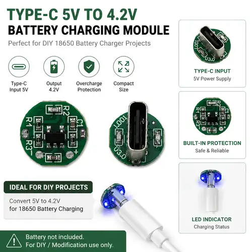 Type-C 5V to 4.2V Lithium Battery Charging Module, Single 18650 Lithium Battery Charging Board, with Full Charge Stop